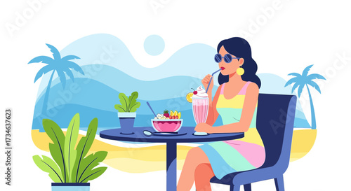 Tropical Vacation: Woman Enjoying Dessert on a Beachfront Terrace with Palm Trees and Ocean View