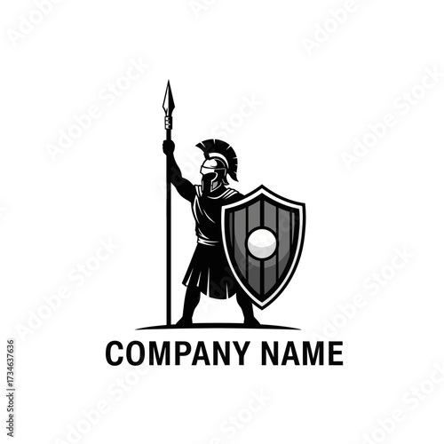 Black and white logo of an ancient warrior, possibly a Spartan or Roman, holding a spear and shield.