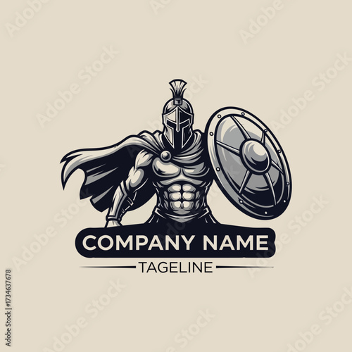 A powerful and muscular Spartan warrior in a helmet and cape, holding a round shield, with a banner for company name and tagline below.