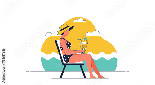 Vector illustration of a woman relaxing on a beach chair with a tropical cocktail under a sunny sky