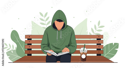 Vector illustration of a person reading a book on a park bench with a coffee cup next to them