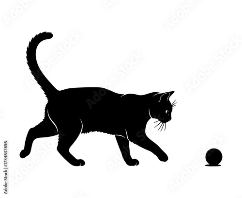 Silhouette of a black cat playing with a small ball of yarn vector