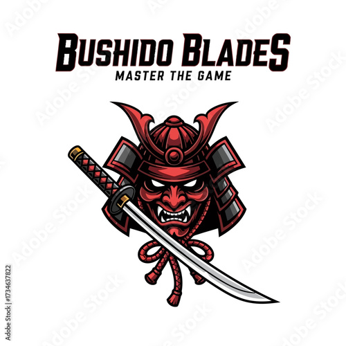 Fierce red samurai mask with a katana sword and Bushido Blades text logo, embodying warrior spirit.