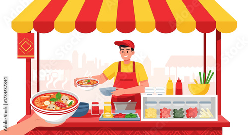 Vibrant Illustration of a Smiling Cook Serving Delicious Asian Soup at Food Stall