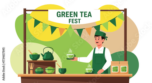 Vibrant green tea festival market stall illustration featuring a friendly vendor and decorative