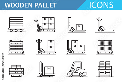 Warehouse Pallet & Forklift Icons — Material Handling Line Symbol Pack