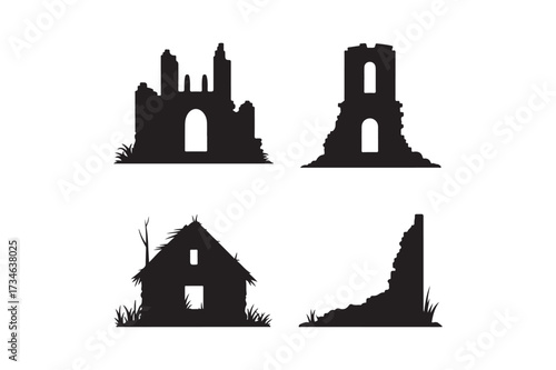 Silhouette set of ruined ancient buildings and structures