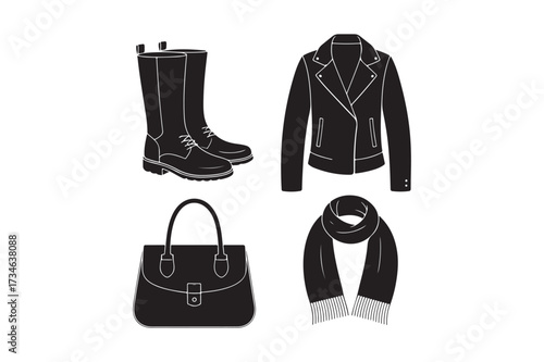 Black leather fashion outfit collection with boots jacket bag and scarf