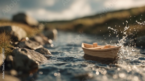 Small boat floating in stream