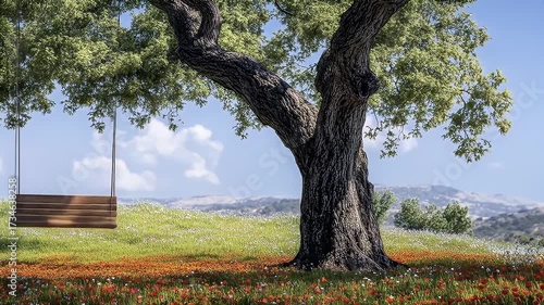 Large tree with swing, lush meadow with wildflowers, and rolling hills beyond