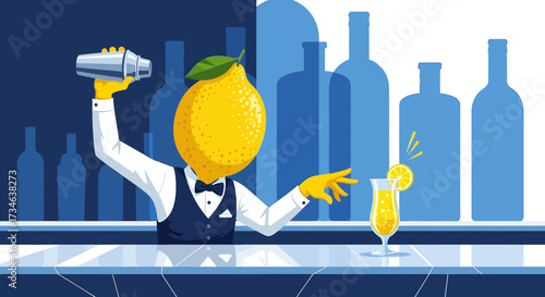 Whimsical lemon bartender preparing cocktails in a stylized bar setting illustration