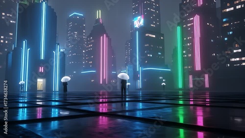 Futuristic neon cityscape at night with people holding umbrellas on a wet plaza
