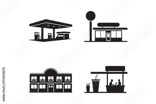 Set of four black and white commercial building icons