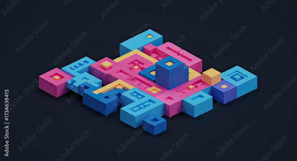 Obraz premium Pixel art geometric pattern blocky shapes limited color palette retro video game style.