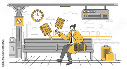 Whimsical train station scene with woman juggling waffle pops for delightful travel