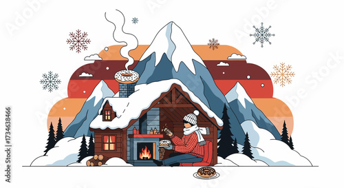 Winter cabin getaway with snowy mountains and cozy fireplace featuring a donut chimney
