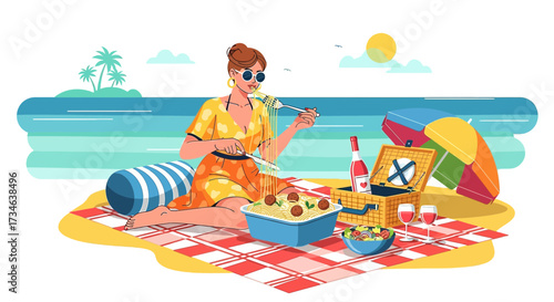 Woman enjoying a beach picnic with spaghetti and wine vector illustration design