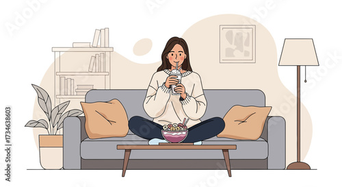 Woman enjoying smoothie and fruit bowl on sofa while relaxing at home concept art