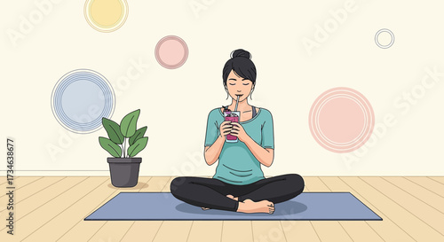 Woman practicing yoga and drinking smoothie for a healthy lifestyle illustration