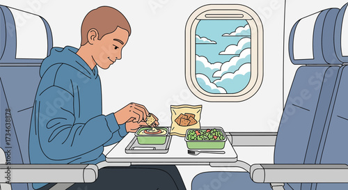 Young man enjoying snacks and a meal on an airplane with a scenic view from the window