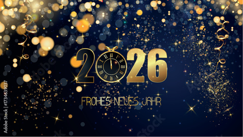 Karte oder Banner, um ein frohes neues Jahr 2026 in Gold zu wünschen. Die 0 wird durch eine Uhr auf blauem Hintergrund mit Kreisen und goldfarbenem Glitzer im Bokeh-Effekt ersetzt