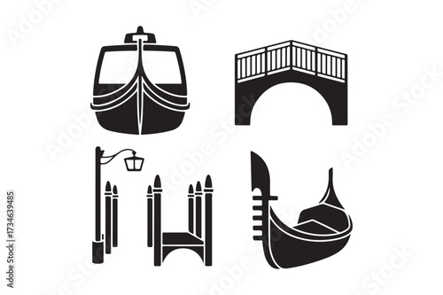 Venetian icons gondola bridge lamp post and fence silhouettes