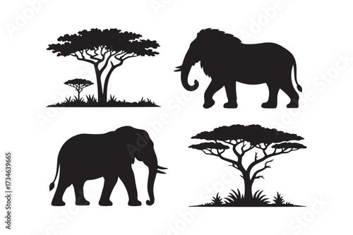 African safari silhouettes of elephants and acacia trees