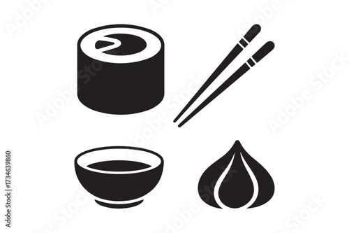 Simple black and white icons of sushi chopsticks soy sauce and dumpling