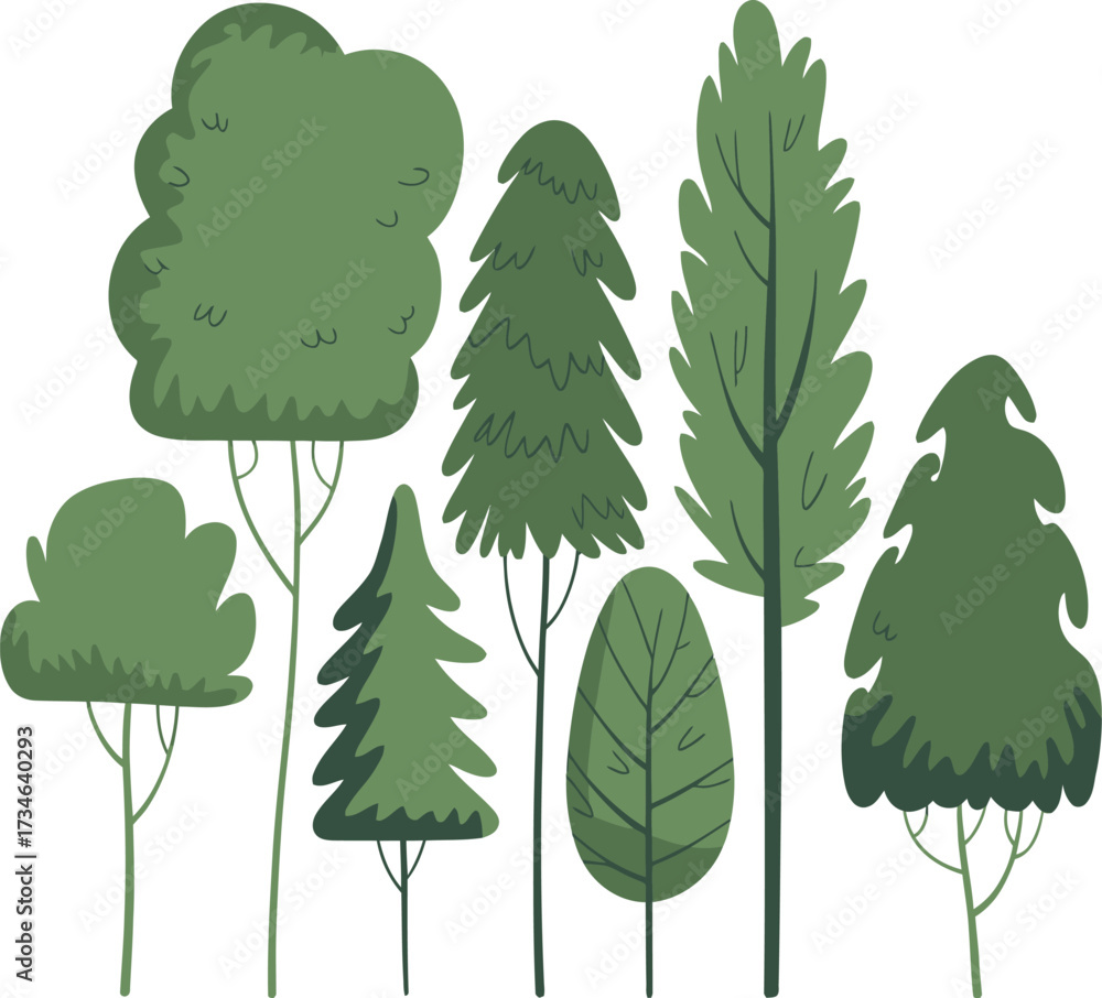 Fototapeta premium Collection of Six Green Trees Vector Clipart with Natural Foliage