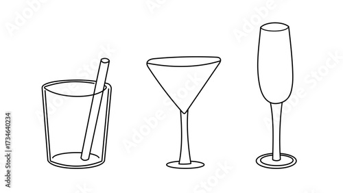 Vector outline set of wine, martini, champagne and cocktail glasses. Perfect for bar menus, restaurant branding, drink guides, posters, and cafe decor.