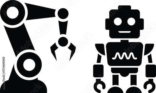 Robotic arm and retro robot icon set future technology automation and ai symbol
