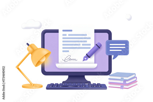 Elegant monitor displays a digitally signed contract with a pen, books, lamp, and cloud, perfect for remote work agreements and modern business solutions.