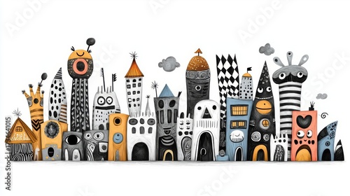 Colorful illustration of whimsical cityscape with unique buildings and quirky designs.