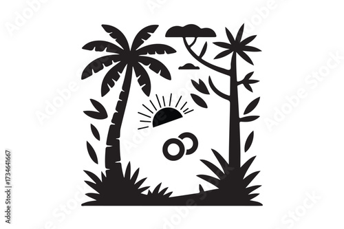 Stylized silhouette of tropical trees and sun at sunrise