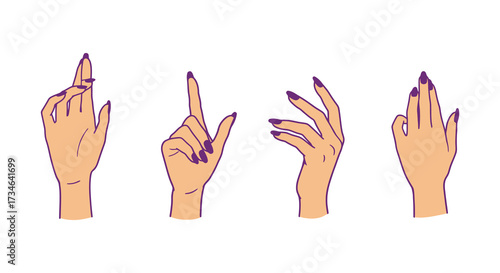 Four stylized hands in different gestures with dark manicured nails
