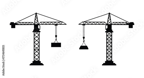 Simple black and white illustration of two construction tower cranes