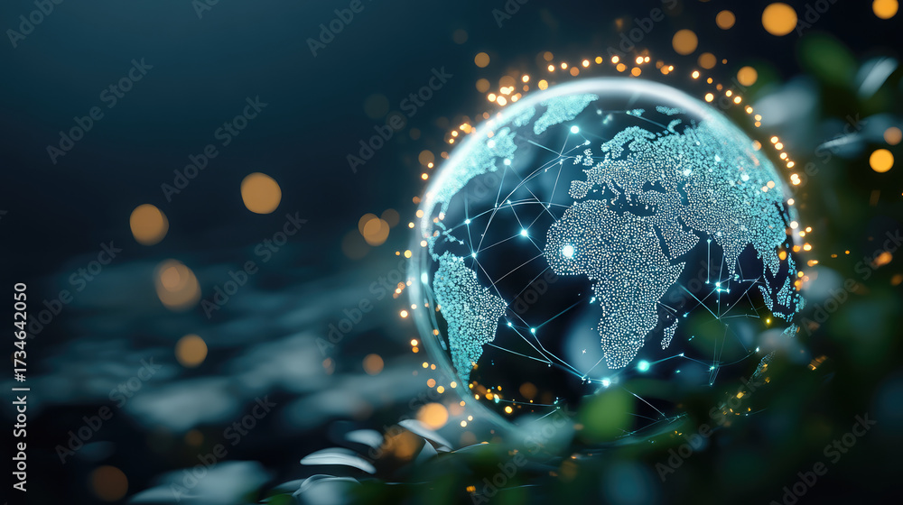 Fototapeta premium glowing globe with interconnected lines and dots, symbolizing global connectivity and technology. background features soft bokeh lights, creating modern and dynamic