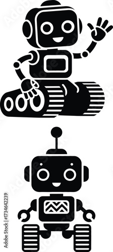 Cute cartoon robots waving hello and standing ready for fun adventures