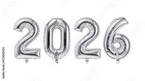 2026 silver foil number balloons isolated on white for new year party, celebration, anniversary, event decoration, festive background