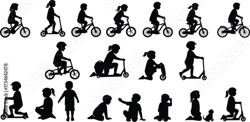 Children silhouette illustration, stages of growth and play, biking and crawling, black vector design, early development, mobility milestones, white background
