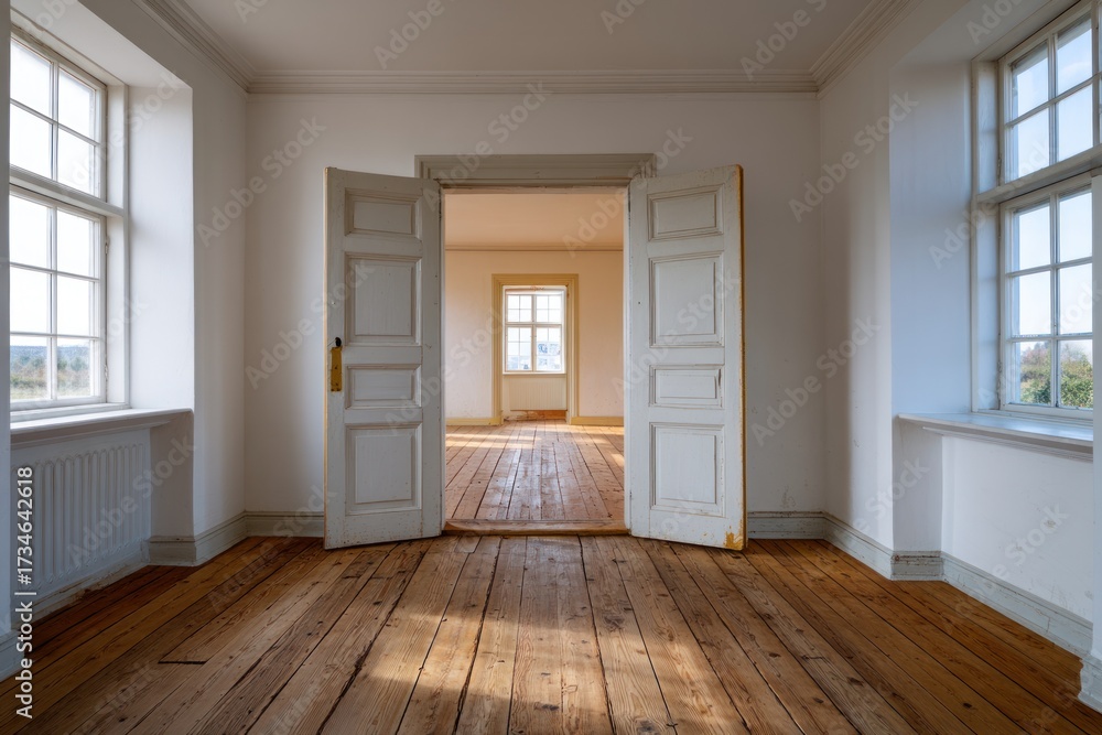 Obraz premium A spacious, sunlit room with wooden flooring and white, paneled doors, showcasing an interior design bathed in natural light.