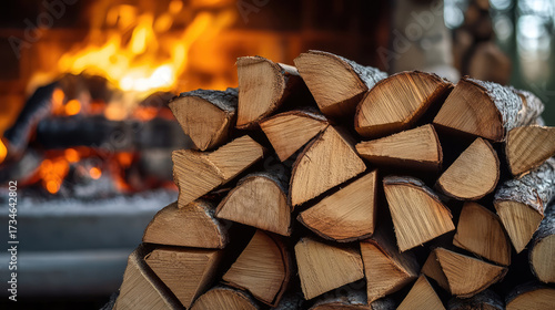 Stacked firewood arranged neatly in front of warm, glowing fireplace creates cozy . logs are cut and stacked, ready for use in fireplace or outdoor fire pit