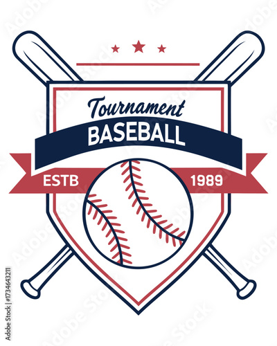 Baseball tournament emblem with crossed bats stitched ball and E S T B 1989 text logo sport