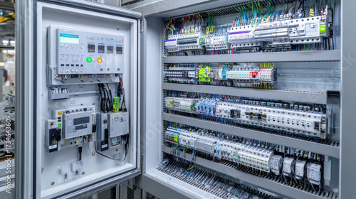 Obraz w ramie Open electrical control cabinet housing a PLC 