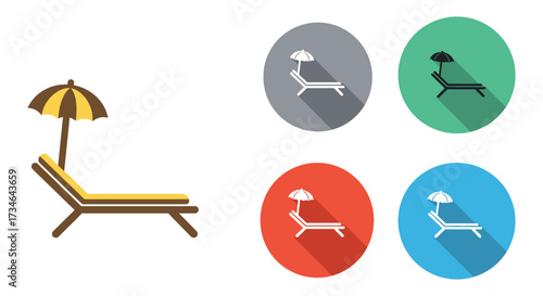 Colorful beach chair icons with umbrellas and long shadows displayed