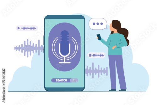 Voice assistant concept. Tiny woman use voice controlled, search, activated digital assistants, voice identification in smartphone app.