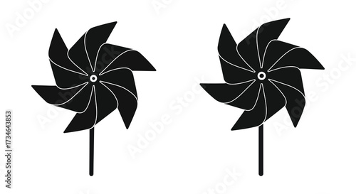 Simple black and white illustration of two pinwheel toys on stems