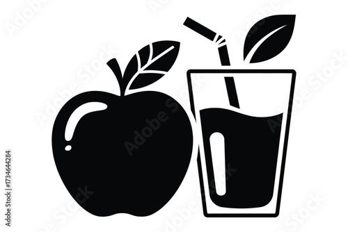 Simple silhouette of an apple and a glass of juice with a straw