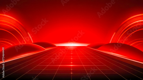Abstract futuristic red digital landscape with glowing lines and futuristic road leading to bright light