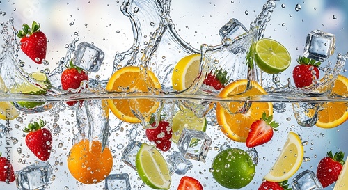 Fototapeta Naklejka Na Ścianę i Meble -  Refreshing splash of water with citrus fruits strawberries and ice cubes